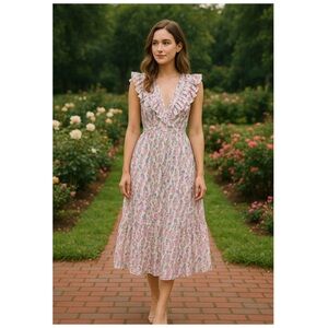 BY TIMO Floral Ruffle V Neck Midi Dress White Pink NWT Size XL
